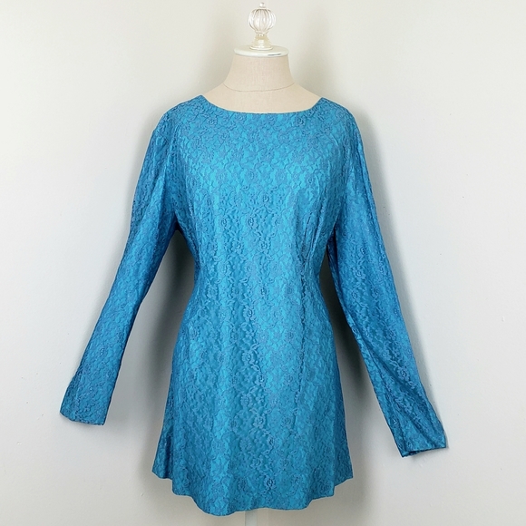 Vintage 60 Mod Lace Mini Dress - size Large - 1960s blue - Picture 3 of 8